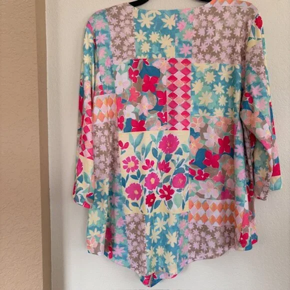 Allison Daley Womens 2X Tunic Patchwork Pastels 3/4 Sleeve Handkerchief Hem NWT - Picture 3 of 7